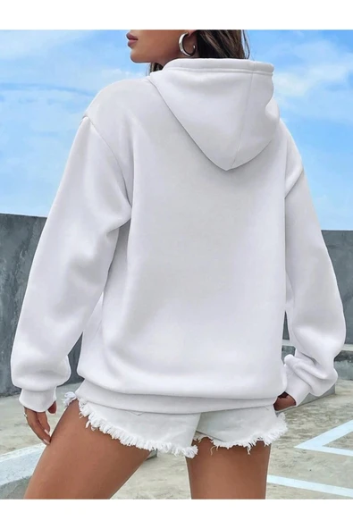 Fiery Night Kapüşonlu Basic Sweatshirt Beyaz - Resim 2