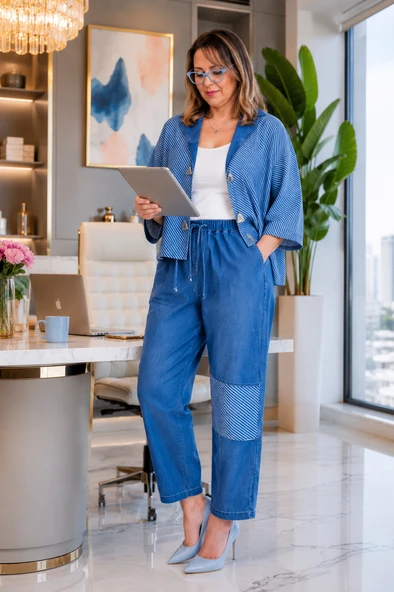 Büyük Beden Yakalı Geniş Kol Detaylı Düğmeli Çizgi Desenli Denim Kadın İkili Takım ürün görseli 1
