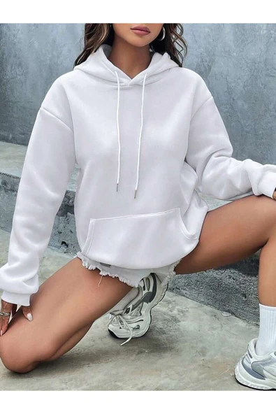 Fiery Night Kapüşonlu Basic Sweatshirt Beyaz - Resim 5