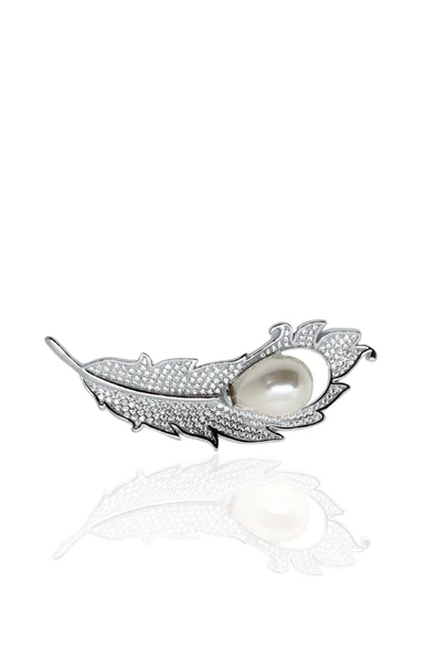 İncili Gümüş Kuş Tüyü Broş 5.5x1.7cm [OYA-BR-7] ürün görseli 1
