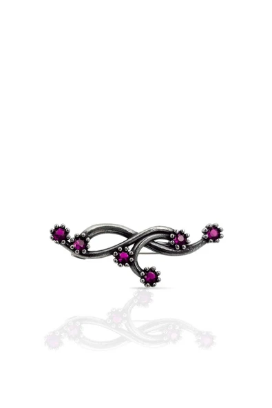 Retro Bordo Taşlı Sarmaşık Oksitli Gümüş Broş 3.7x1.2 cm [OYSY249] ürün görseli 1
