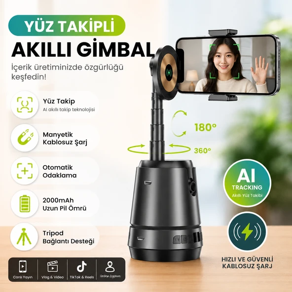AI Yüz Takipli Akıllı Gimbal Telefon Tutucu, Manyetik Kablosuz Şarj Destekli 360 Otomatik Döner Selfie Standı ürün görseli 1