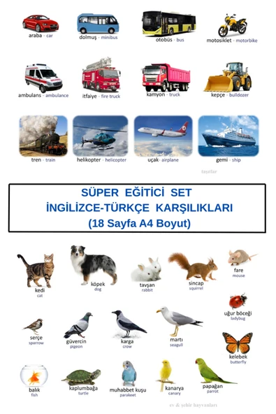Organik Yolda SÜPER EĞİTİCİ SET, Araçlar, Hayvanlar, Meyveler, Yemekler vb. İNGİLİZCE-TÜRKÇE (18 Sayfa A4 Boyut) ürün görseli 1