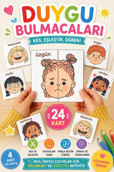 Organik Yolda Duygu Bulmacaları 24 Kart | Okul Öncesi Eğitici Duygu Eşleştirme Oyunu | Kes Eşleştir Duygu Kartları Aktivitesi ürün görseli 1
