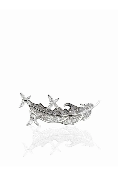 Taşlı Mini Kelebekli Kuş Tüyü Gümüş Broş 4.2x1.8cm ürün görseli 1