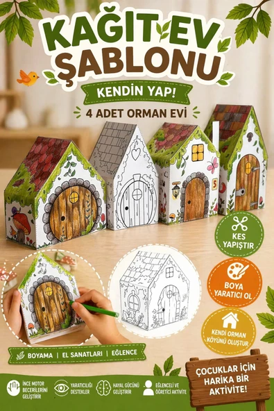 Organik Yolda Kağıt Ev Şablonu | Kendin Yap, 4 Adet Orman Evi, Boyama El Sanatları ürün görseli 1