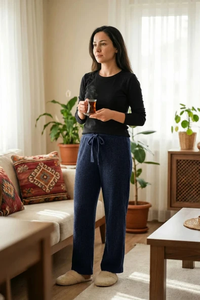 Organik Yolda Mavi Kaşkorse Pijama Altı Fitilli ürün görseli 1
