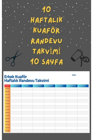 Organik Yolda Erkek Kuaför Haftalık Randevu Takvimi 10 Hafta , A4 Boyut, 10 Sayfa. ürün görseli 1