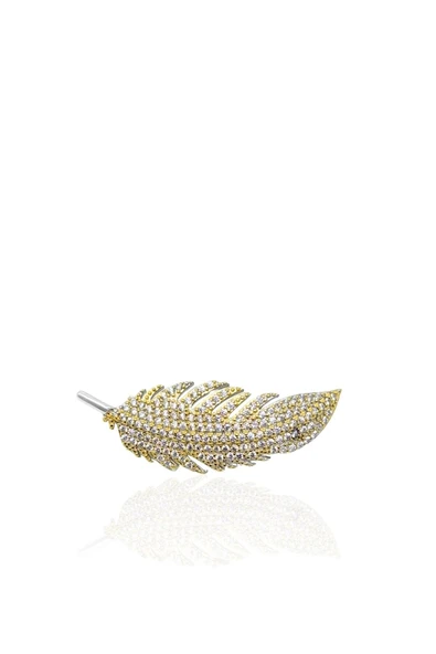24K Altın Kaplama Taşlı Gümüş Tüy Broş 3.5x1.3cm [KST1] ürün görseli 1