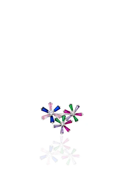 Üç Çiçekli Rengarenk Taşlı Gümüş Broş 2.5x2cm ürün görseli 1