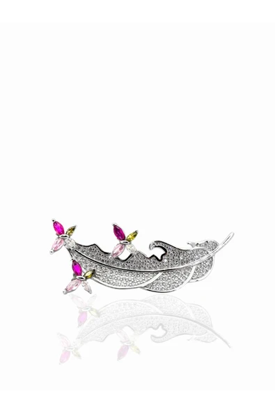 Renkli Taşlı Mini Kelebekli Kuş Tüyü Gümüş Broş 4.2x1.8cm ürün görseli 1