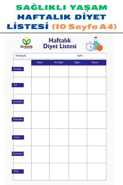 Organik Yolda HAFTALIK DİYET LİSTESİ  (10 Sayfa A4) ürün görseli 1