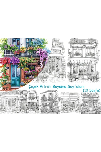 Organik Yolda Çiçek Vitrini Boyama Sayfaları, (10 Adet A4 Boyut). ürün görseli 1