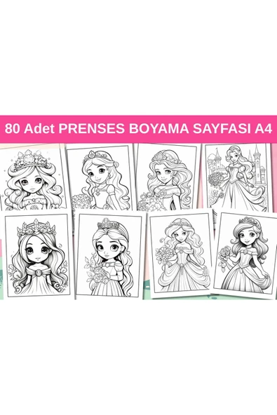 Organik Yolda 80 Adet PRENSES BOYAMA SAYFASI A4 Boyut, Kaliteli Basım, ürün görseli 1