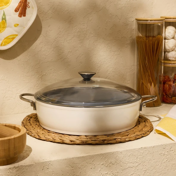 Kitchen Toscana Chef Basık Tencere - Beyaz / Gri - 30 cm ürün görseli 1