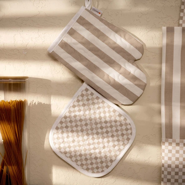 Soft Riga Fırın Eldiveni ve Tutaç Set - Bej / Ekru - 17x28 cm + 20x20 cm ürün görseli 1