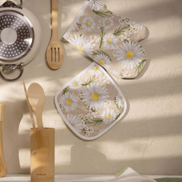 Soft Papatya Fırın Eldiveni ve Tutaç Set - Bej - 17x28 cm + 20x20 cm ürün görseli 1