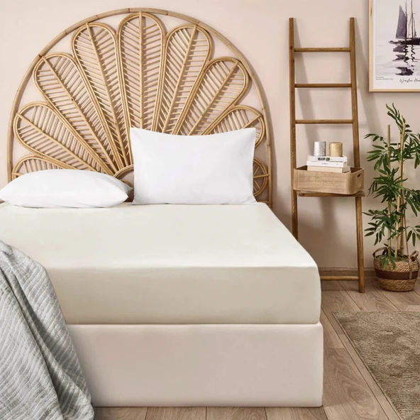 Soft Basic Çift Kişilik Düz Kenar Saten Çarşaf - Ekru- 240x260 cm ürün görseli 1