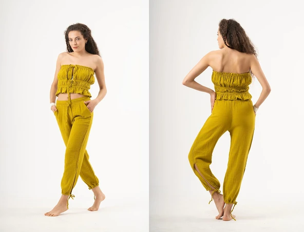 Büzgülü lastikli müslin crop standart beden ve müslin yırtmaçlı bağcıklı pantalon s-m-l-xl ürün görseli 1