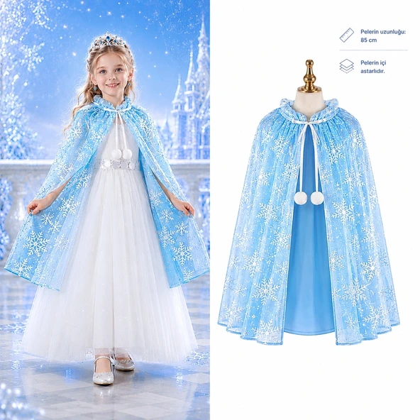 Kar Tanesi Desenli Elsa Pelerini - Astarlı Frozen Pelerini 85 Cm ürün görseli 1