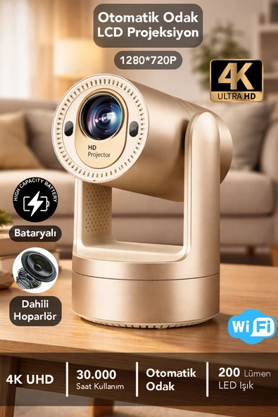 Bataryalı Otomatik Odaklı Projektör - Android Wifi 4K Destekli Ev Sineması Taşınabilir Projeksiyon ürün görseli 1