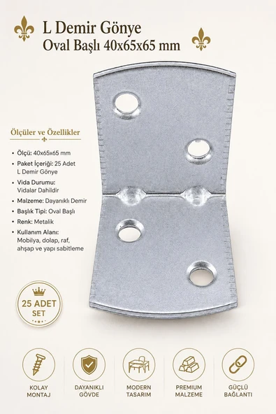 (25 Adet) L Demir Köşebent Oval Başlı 30x35x35 mm Set Güçlü Sabitleme Mobilya Bağlantı Aparatı ürün görseli 1
