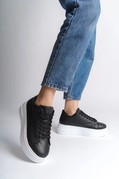 DMR Elegance BIANA Bağcıklı Ortopedik Taban Kadın Sneaker Spor Ayakkabı CBT - Siyah ürün görseli 1