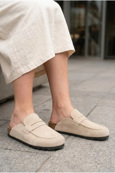 DMR Elegance LUVRA Bağcıksız Hakiki Süet Deri Kadın Günlük Mantar Taban Loafer Klasik Ayakkabı HDMT - Krem ürün görseli 1