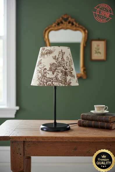Vintage Toile de Jouy Desenli Siyah Ayaklı Abajur Masa Lambası El Yapımı Kumaş Yüksek Kalite ürün görseli 1
