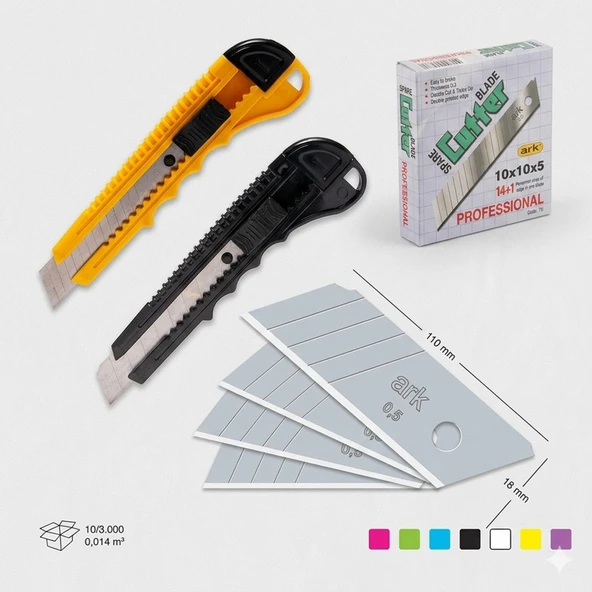 Ark Profesyonel Maket Bıçağı ve Yedek Bıçak Seti Karışık Renk 18 mm 2 Adet Maket Bıçağı 10 Adet Bıçak ürün görseli 1