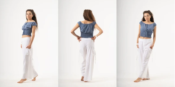 Pamuk keten ipekli mavi  bluz standart  beden ve   pamuk keten beyaz şalvar pantalon s-m-l-xl ürün görseli 1