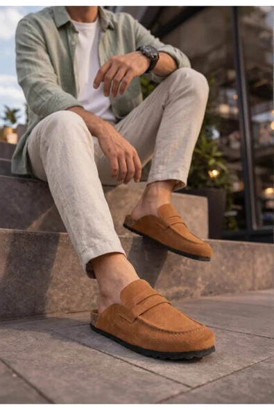DMR Elegance JY0456 Rayn Bağcıksız Hakiki Süet Deri Erkek Günlük Mantar Taban Loafer Klasik Ayakkabı HDMT - Taba ürün görseli 1