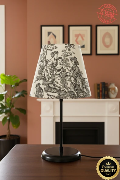 Vintage Toile de Jouy Desenli Siyah Ayaklı Abajur Masa Lambası El Yapımı Kumaş Yüksek Kalite ürün görseli 1