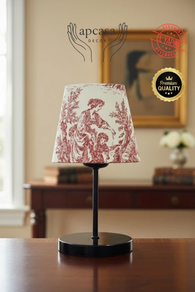 Vintage Mini Toile de Jouy ABAJUR Fransız Desen Siyah Metal Kablolu Ayak Masa Lambası ürün görseli 1
