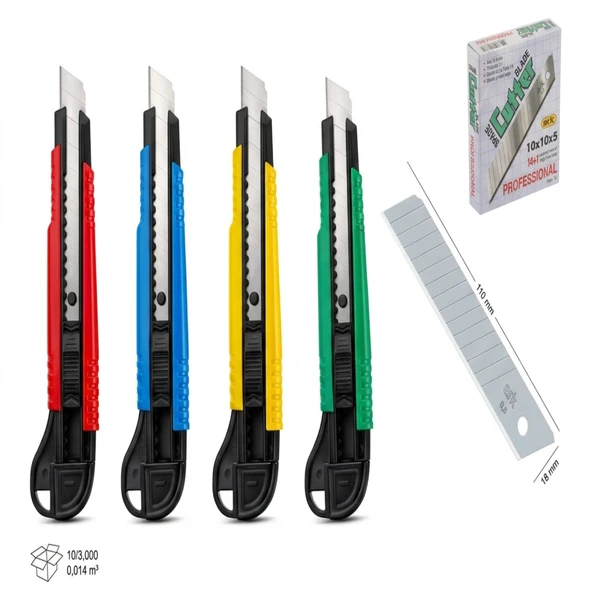 Ark Profesyonel 18 mm Maket Bıçağı Seti ve Yedek Bıçak Kutusu Karışık Renk 1 Adet Maket Bıçağı 10'lu Yedek Bıçak ürün görseli 1