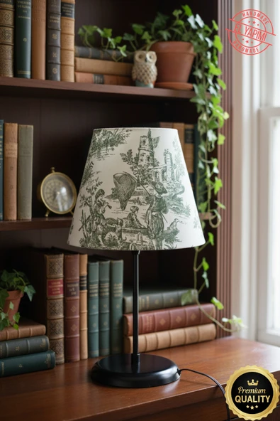Vintage Toile de Jouy Desenli Siyah Ayaklı Abajur Masa Lambası El Yapımı Kumaş Yüksek Kalite ürün görseli 1