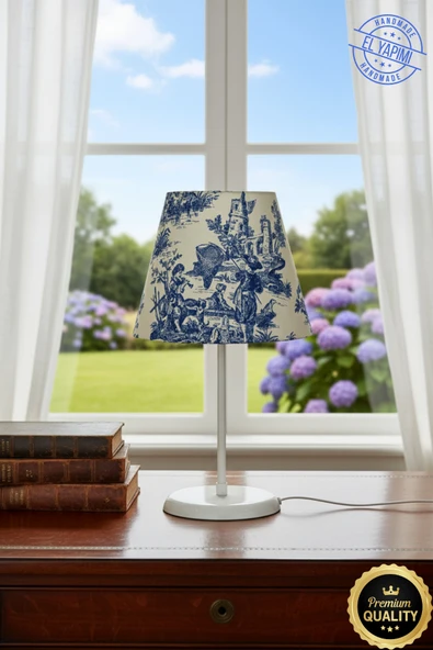 Vintage Toile de Jouy Desenli Beyaz Ayaklı Abajur Masa Lambası El Yapımı Kumaş Yüksek Kalite ürün görseli 1
