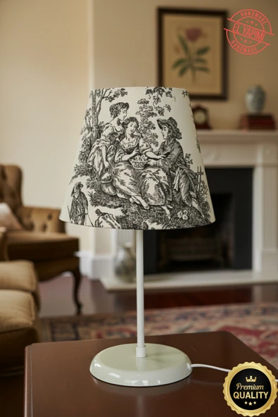 Vintage Toile de Jouy Desenli Beyaz Ayaklı Abajur Masa Lambası El Yapımı Kumaş Yüksek Kalite ürün görseli 1