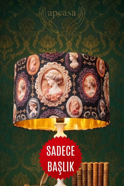 Özel Tasarım Vintage Kameo Desenli Lambader Başlığı - İçi Gold Kumaş KaplamaŞapka (40x25 cm) ürün görseli 1