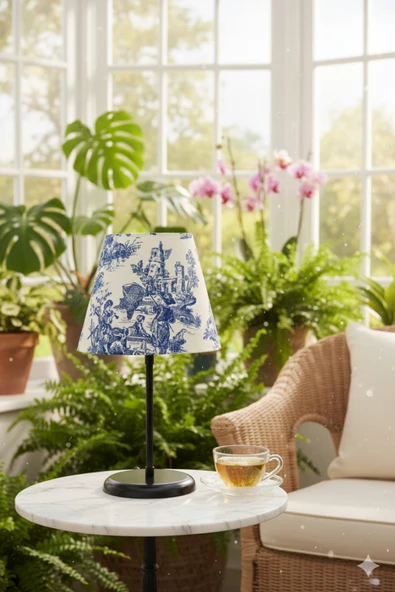 Vintage Toile de Jouy Desenli Siyah Ayaklı Abajur Masa Lambası El Yapımı Kumaş Yüksek Kalite ürün görseli 1