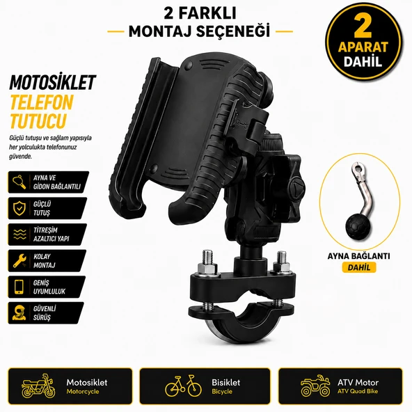 Titreşim Önleyicili Motosiklet Telefon Tutucu ( Ayna + Gidon Bağlantı) ürün görseli 1