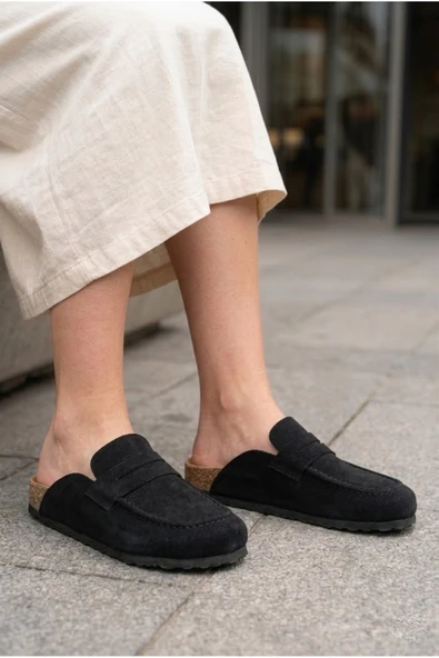 DMR Elegance LUVRA Bağcıksız Hakiki Süet Deri Kadın Günlük Mantar Taban Loafer Klasik Ayakkabı HDMT - Siyah ürün görseli 1