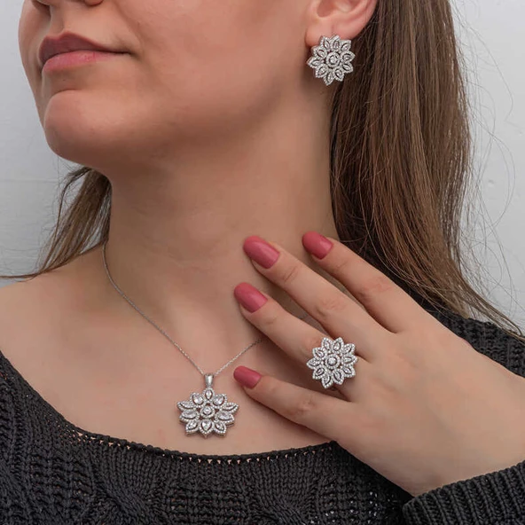 DMR Elegance Gümüş Zirkon Taşlı Çiçek Kadın Set ürün görseli 1