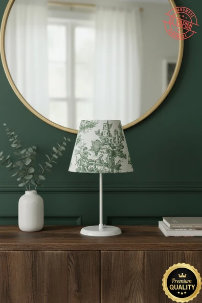 Vintage Toile de Jouy Desenli Beyaz Ayaklı Abajur Masa Lambası El Yapımı Kumaş Yüksek Kalite ürün görseli 1