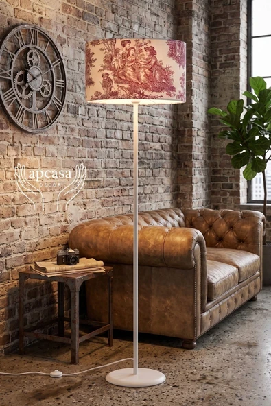 Metal Beyaz Ayak Toile de Jouy Vintage Lambader KIRMIZI BAŞLIK ürün görseli 1