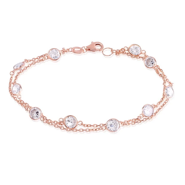 EMILIANO JEWELLERY Zirkon Taşlı Pırlanta Montür Rose Altın Kaplama İki Sıra Zincirli Gümüş Bileklik ürün görseli 1