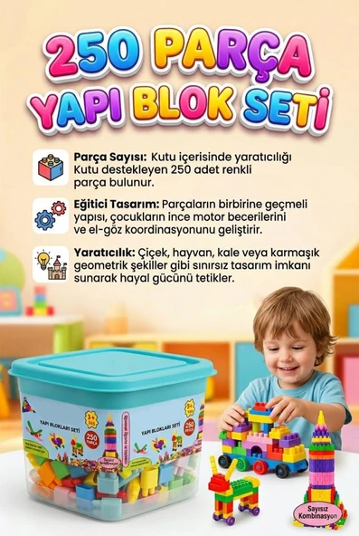 250 Parçalı Saklama Kutulu Renkli Bloklu Eğlenceli Sayısız Kombinasyonlu Eğitici Yapı Oyuncak Seti ürün görseli 1