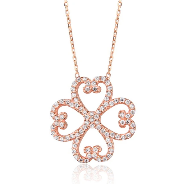 EMILIANO JEWELLERY Zirkon Taşlı Pırlanta Montür Kalp Desenli Çiçek Rose Altın Kaplama Gümüş Kolye ürün görseli 1