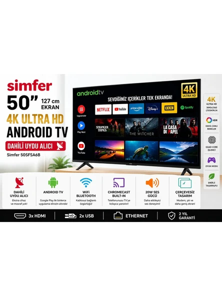 Simfer 50SFSA6B 50'' 127 Ekran 4K Ultra Hd Android Smart LED Tv  Dahili Uydu Alıcı  Wifi ve Bluetooth  Çerçevesiz ürün görseli 1