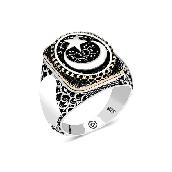 DMR Elegance Gümüş Ay yıldız Oval Erkek Yüzük ürün görseli 1